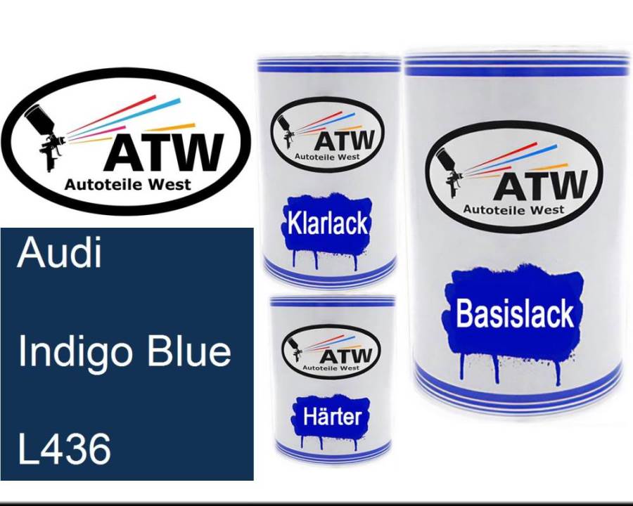 Audi, Indigo Blue, L436: 500ml Lackdose + 500ml Klarlack + 250ml Härter - Set, von ATW Autoteile West.